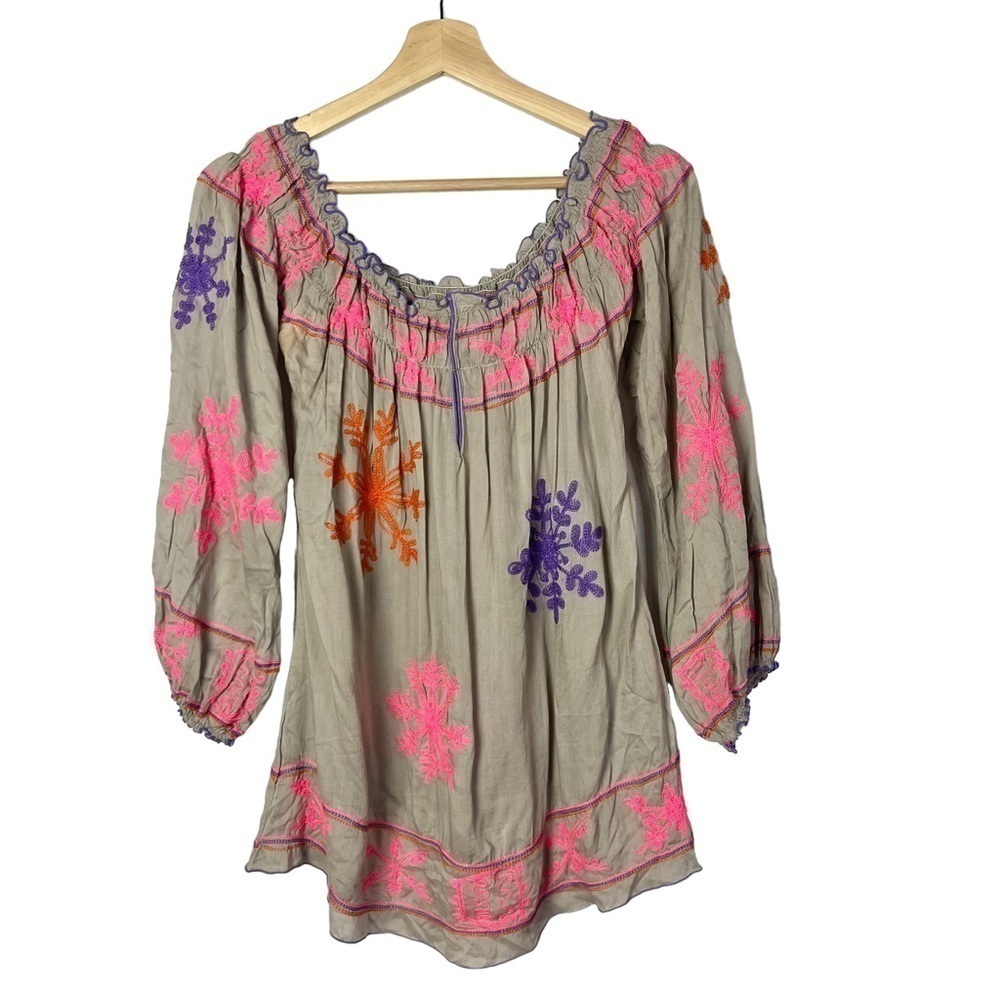 Poupette St. Barth Beige Embroidered Off the Shoulder Long Sleeve Blouse S